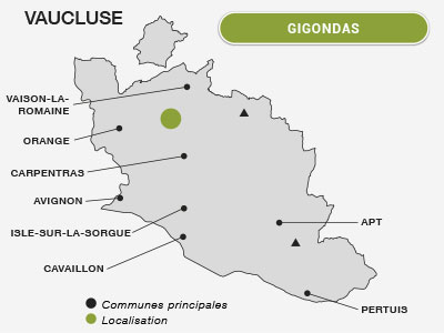 Localisation de Gigondas dans le Vaucluse au pied des Dentelles de Montmirail, vignoble et terroir