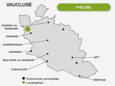 Localisation du vignoble de Piolenc, à l'Ouest de Vaucluse 