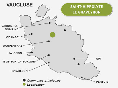 Localisation de Saint-Hippolyte le Graveyron au Sud des Dentelles de Montmirail, vignoble et terroir