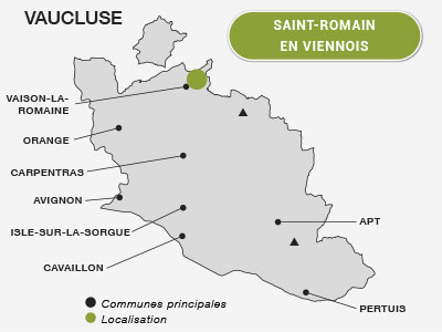 Localisation de Saint-Romain en Viennois dans le Vaucluse, vignoble et terroir