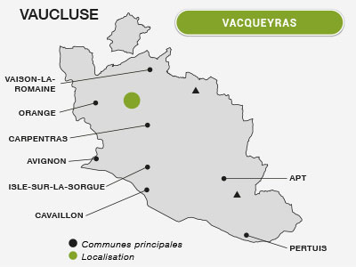 Localisation de Vacqueyras dans le Vaucluse, Dentelles de Montmirail